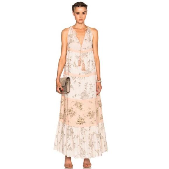 Ulla Johnson Goa Tiered Maxi Dress Long Pink Cream Natural Size 12 Cottage - Picture 1 of 9